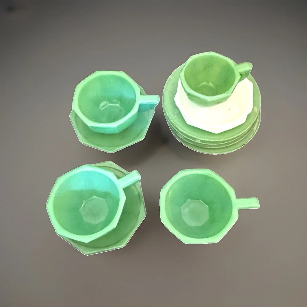 Vintage Jadeite Akro Agate JP Octagonal Child's Tea Set Accessories Cup Plate 12
